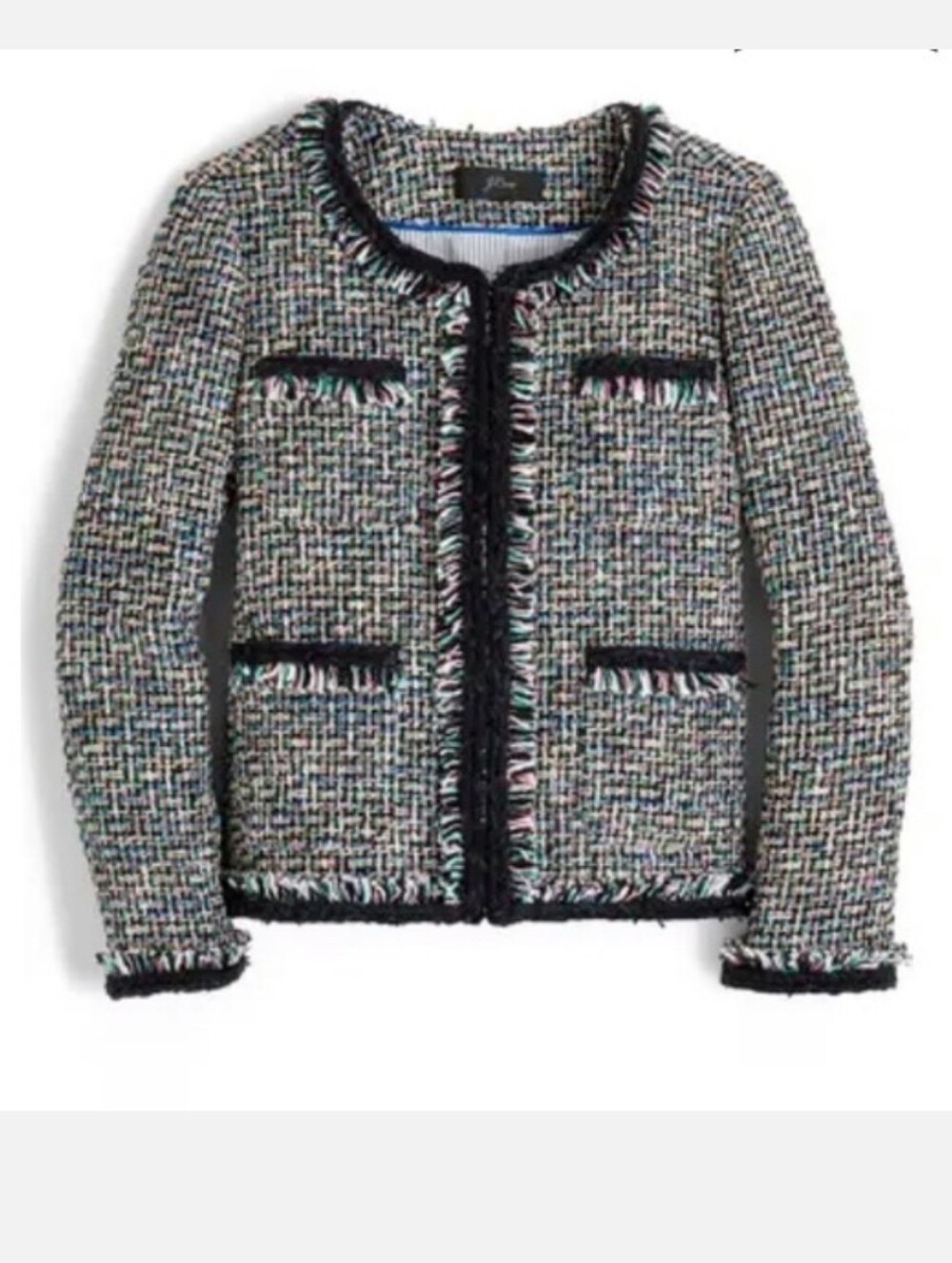 J.CREW Lady Metallic Tweed Jacket Black Pink Green Fringe Boucle blazer SIZE 14